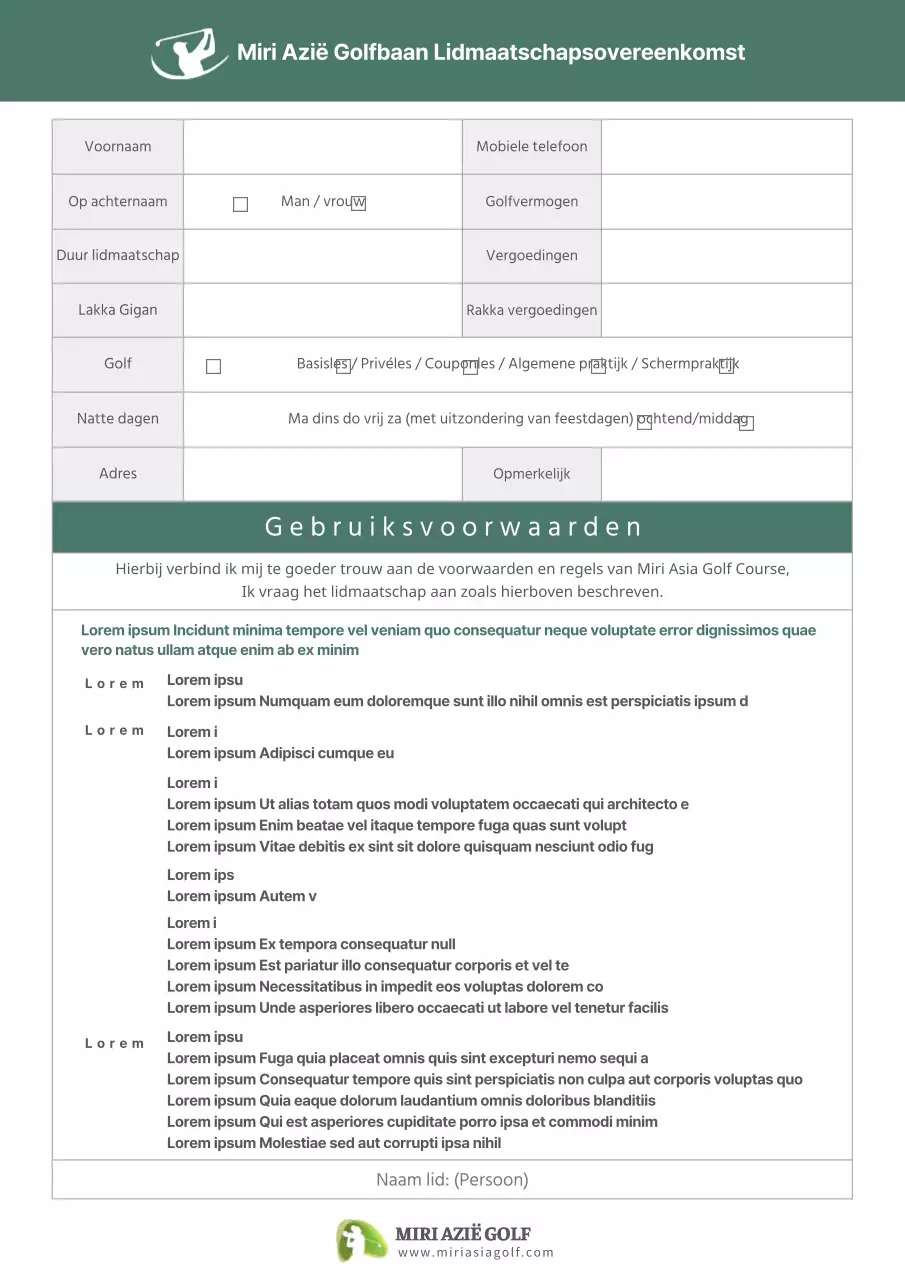 Nette lidmaatschapsovereenkomst golfbaan