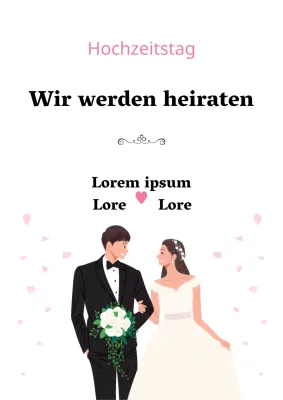 Hochzeitsanzeigen mit rosafarbenen Illustrationen von glücklichen Jungvermählten