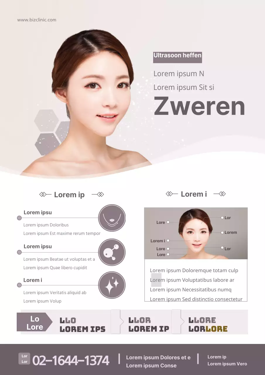 Promoot en informeer over cosmetische chirurgie met beelden van vrouwen in paars en luxueuze concepten
