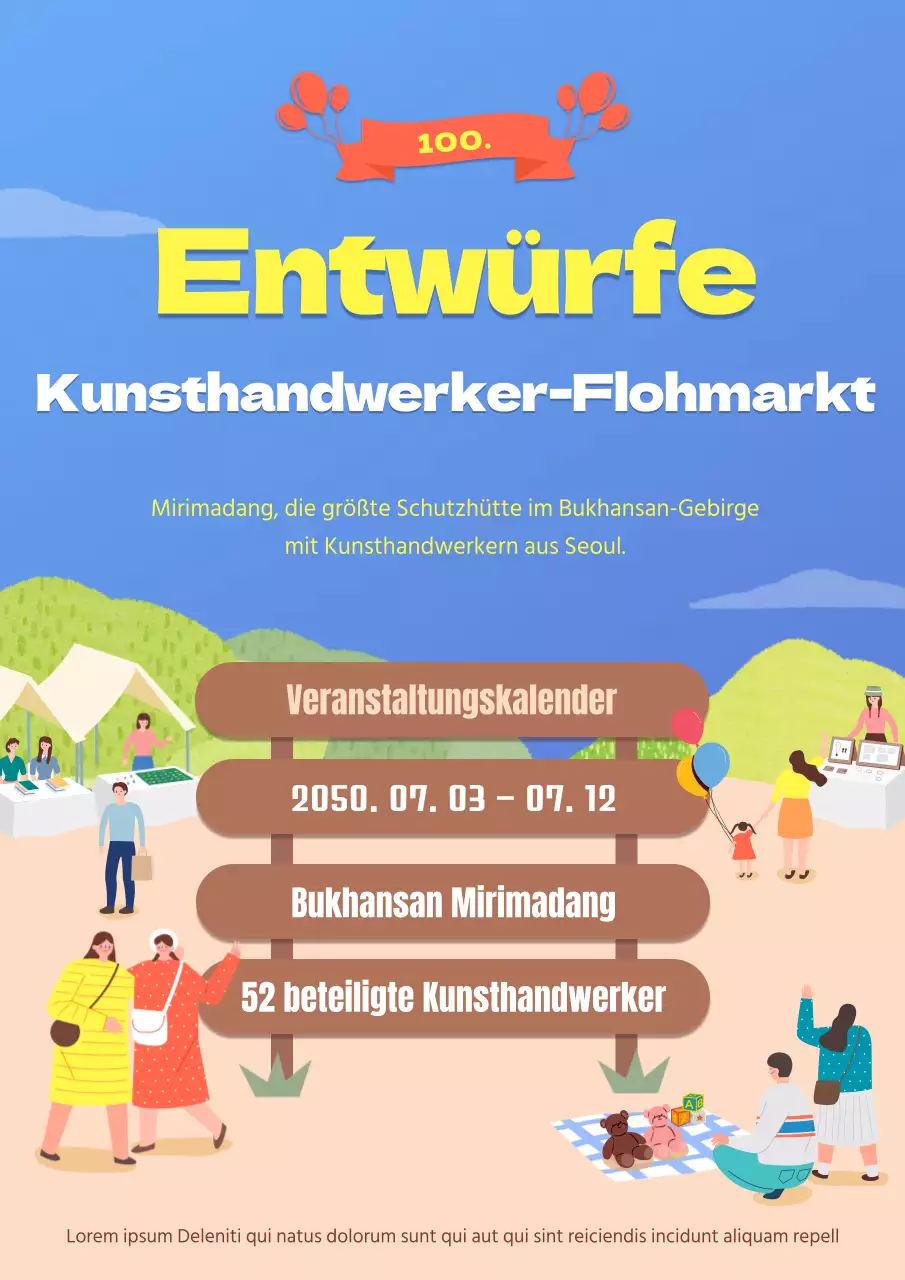 Handgefertigter, illustrierter Flohmarkt in Gelb und Braun