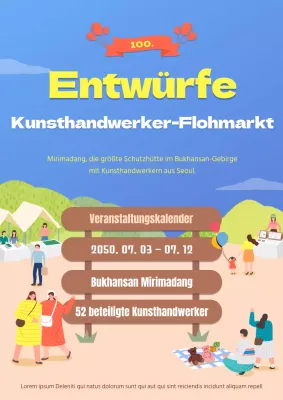 Handgefertigter, illustrierter Flohmarkt in Gelb und Braun