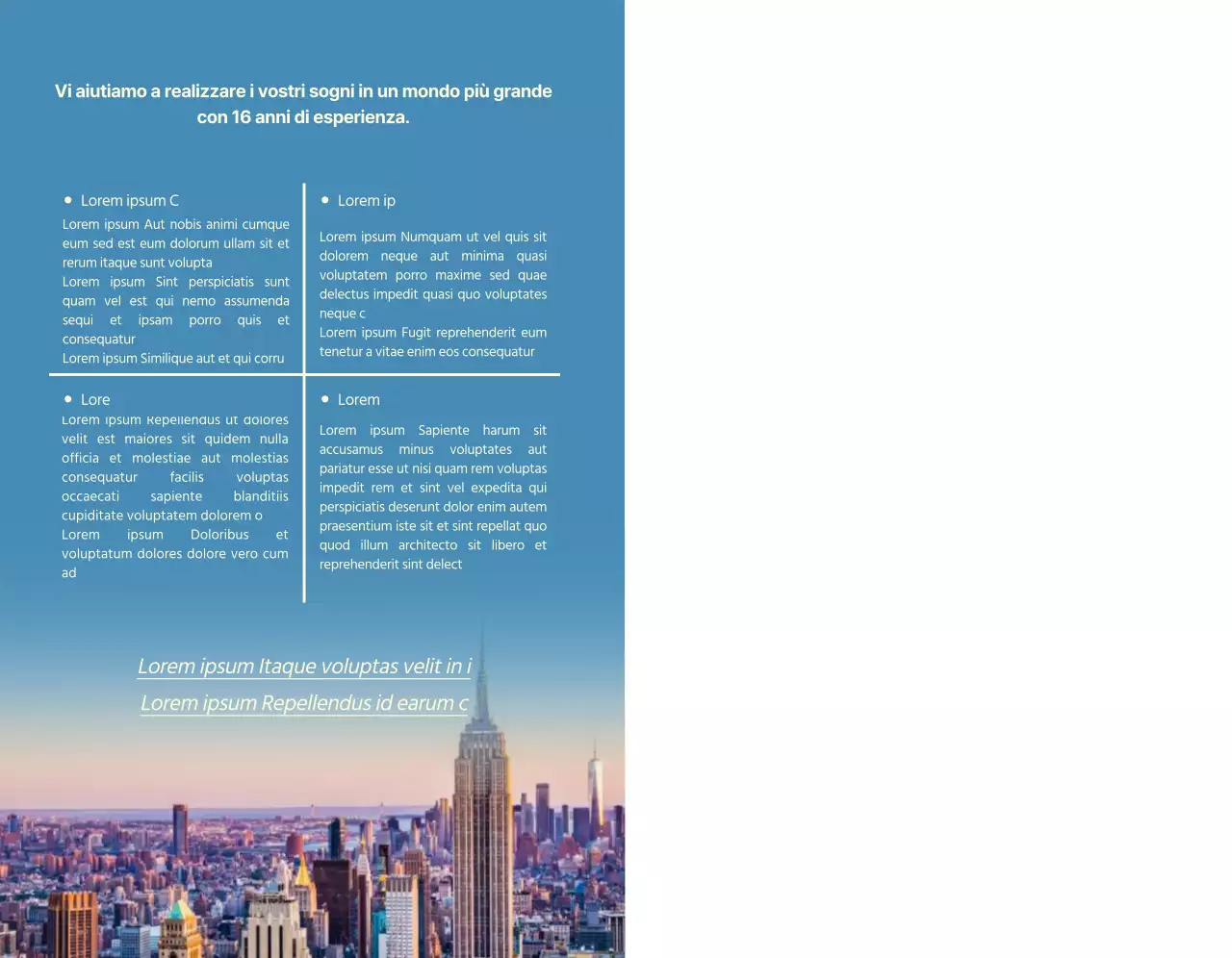 Promozione di una scuola di lingue con foto blu e gialle di paesaggi stranieri