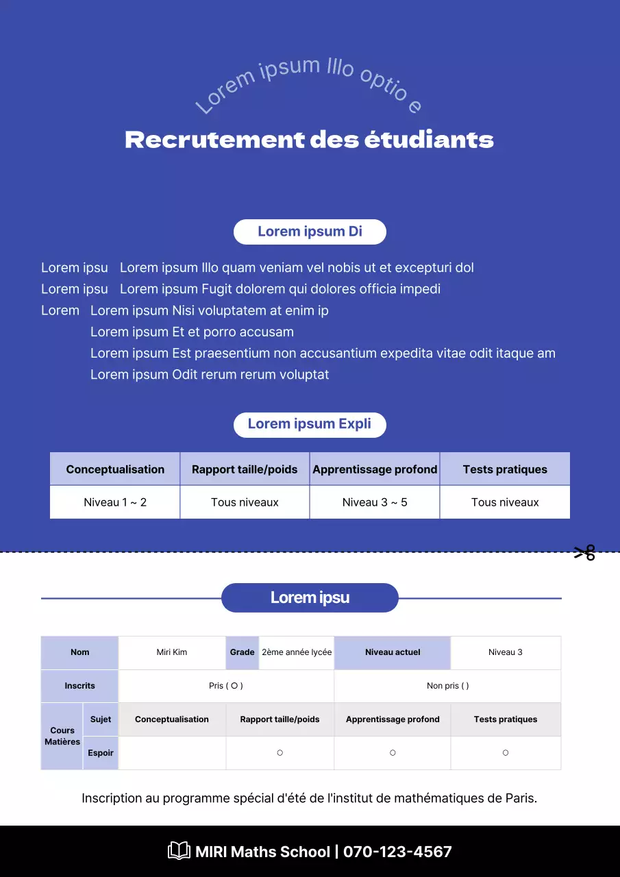 Concept de tableau épuré et de couleur bleue pour un cours d'été dans une école de mathématiques.
