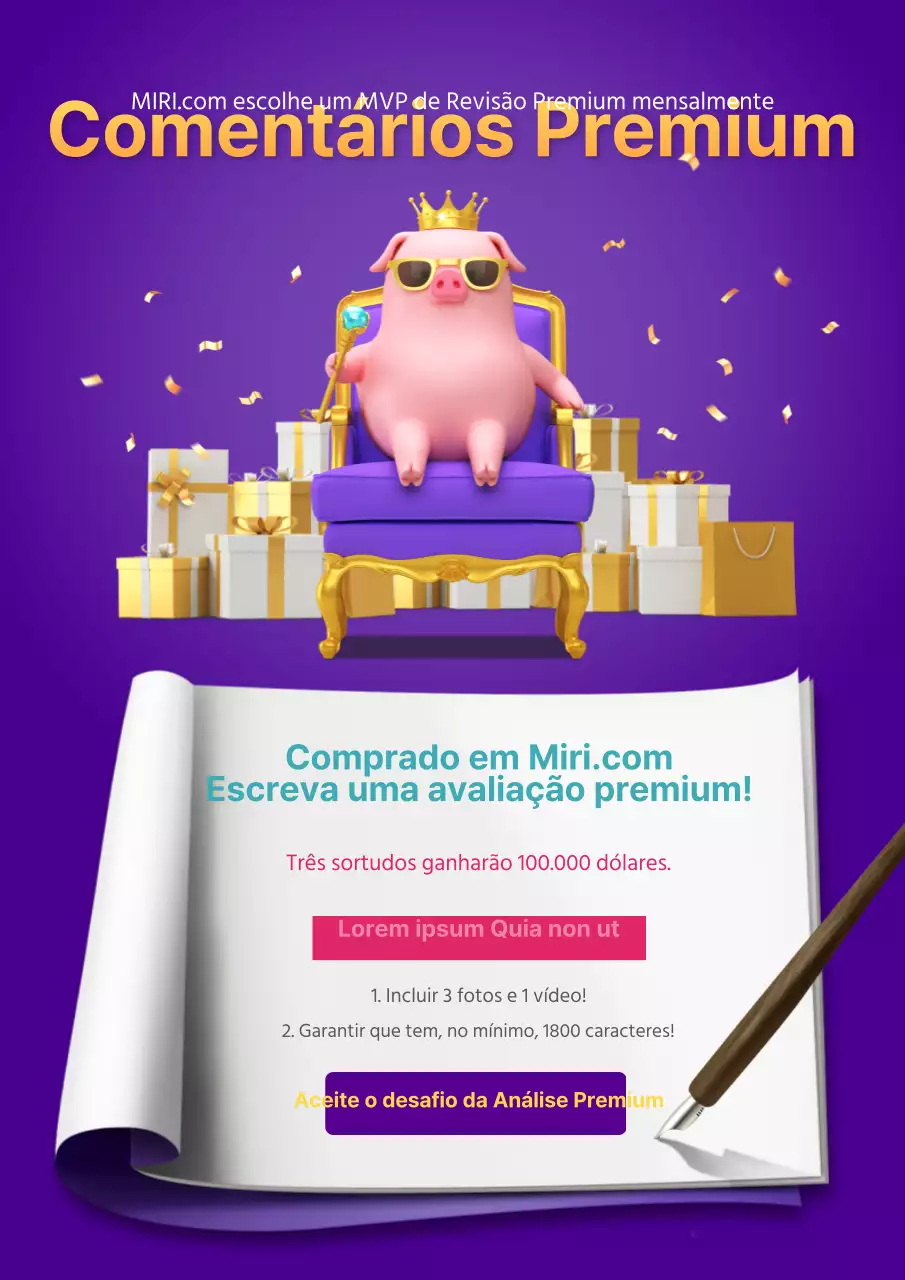 Promoção de um evento de revisão colorido com um porco roxo e uma ilustração 3D de uma caixa de oferta