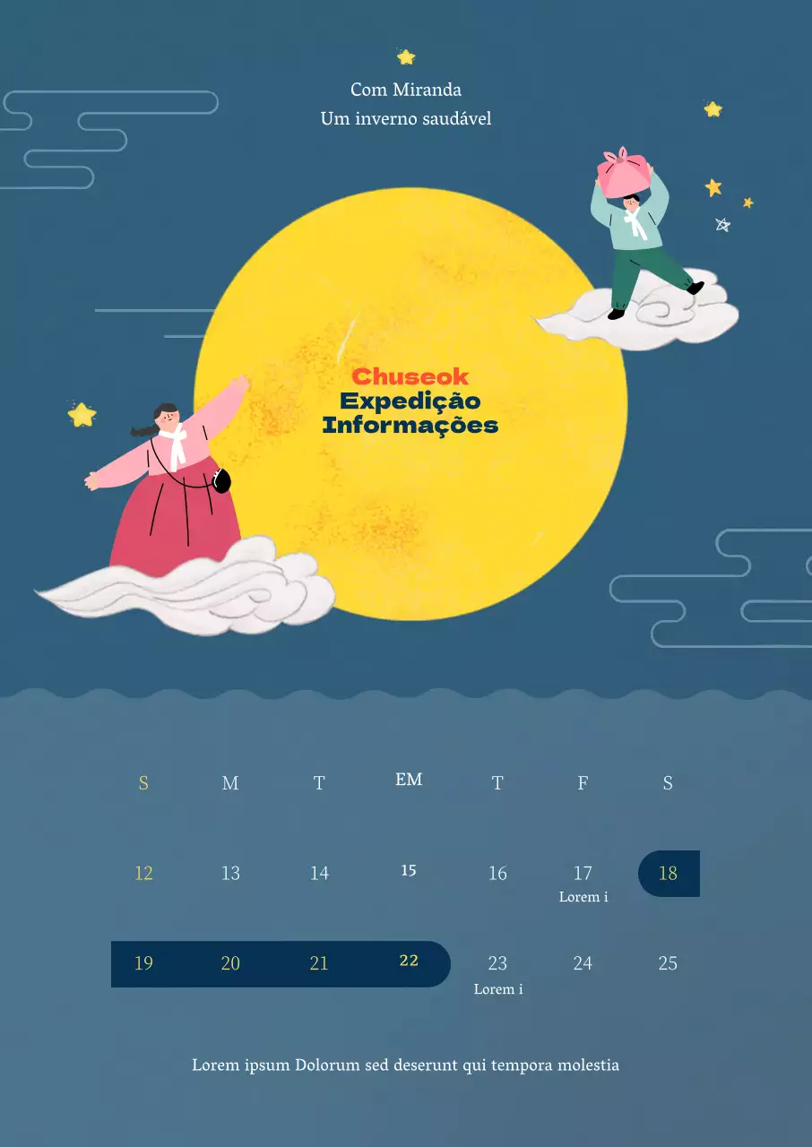 Cartaz de entrega do feriado de Chuseok com uma ilustração de lua cheia em tons de azul-marinho