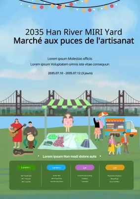 Guide du marché aux puces artisanal de la rivière Han avec un fond bleu clair chartreuse et des illustrations