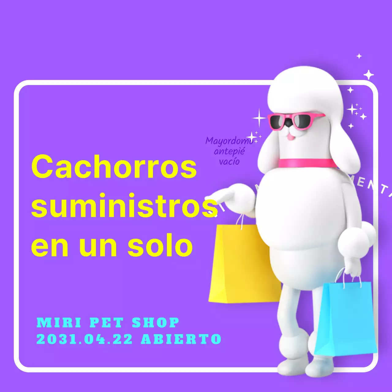 Promocionar la apertura de un sitio de suministros para perros con texto amarillo sobre fondo morado.