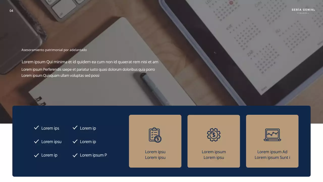 Guía de asesoramiento en planificación financiera personal en azul marino y beige