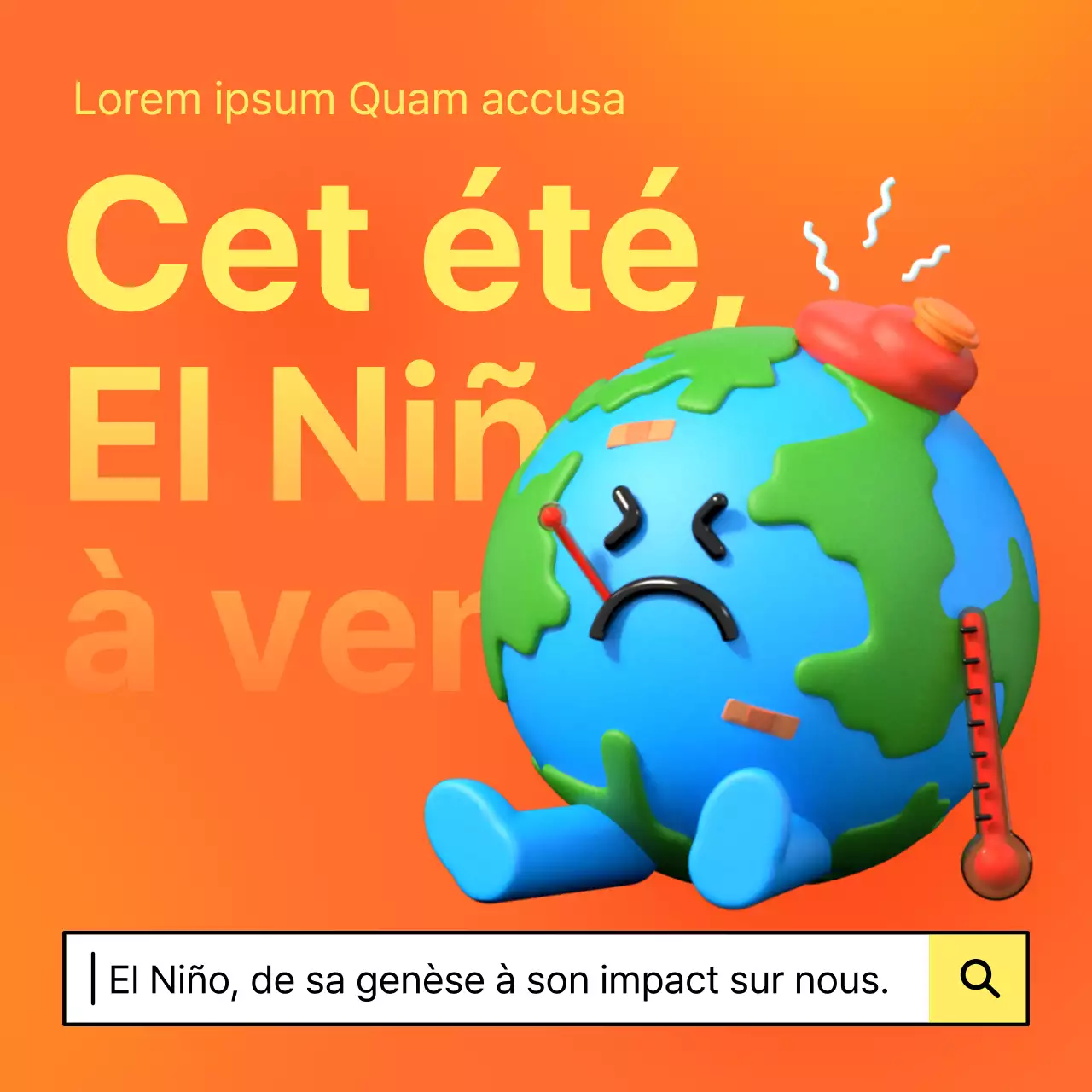 Histoire du changement climatique sur fond de dégradé orange et jaune et illustrations 3D