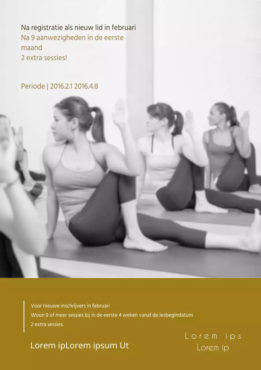 Moderne yoga studio evenement flyer in goud en grijs voor een evenement in een yoga studio