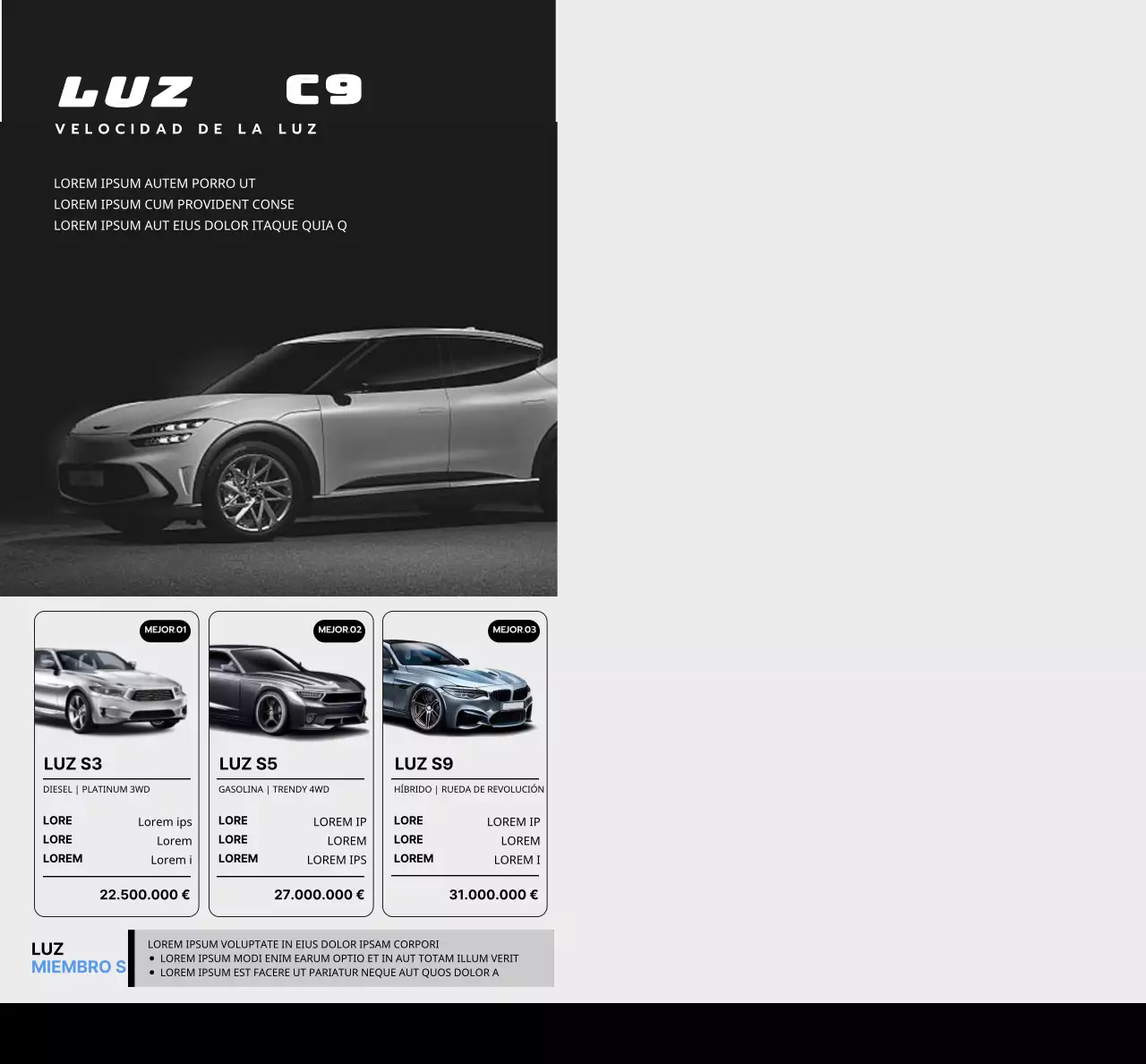 Concesionario de coches promoción de coches con negro, diseño simple y elegante con fotos de coches