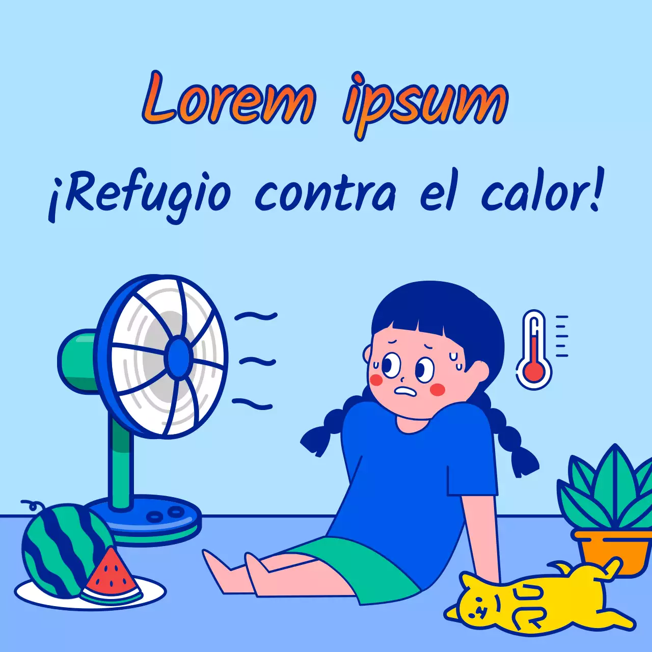 Divulgación del horario de refugio para la ola de calor veraniega con simpáticas y sencillas ilustraciones de personajes en azul claro y azul.