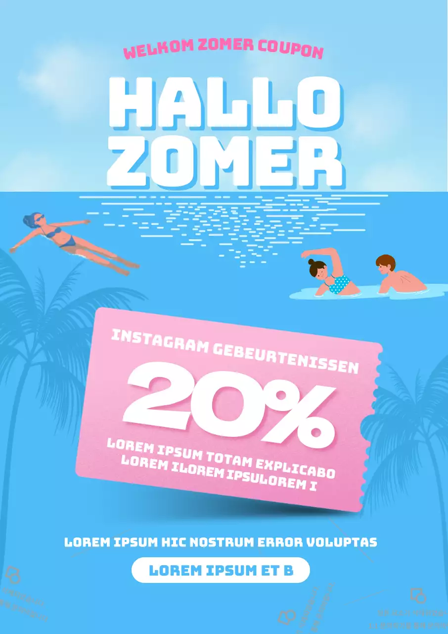 Zomer vakantie accommodatie evenement met roze coupons op een koele azuurblauwe hemel en zee achtergrond
