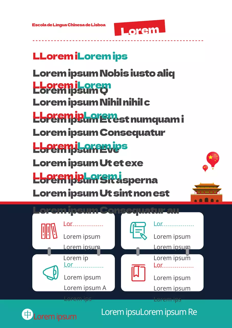 Folheto promocional de escola de língua chinesa em vermelho e verde