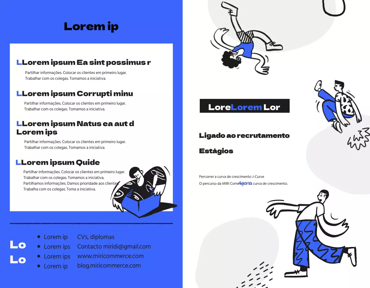 Um kit de boas-vindas para comemorar o seu estágio ligado à carreira com uma ilustração humana azul e preta.