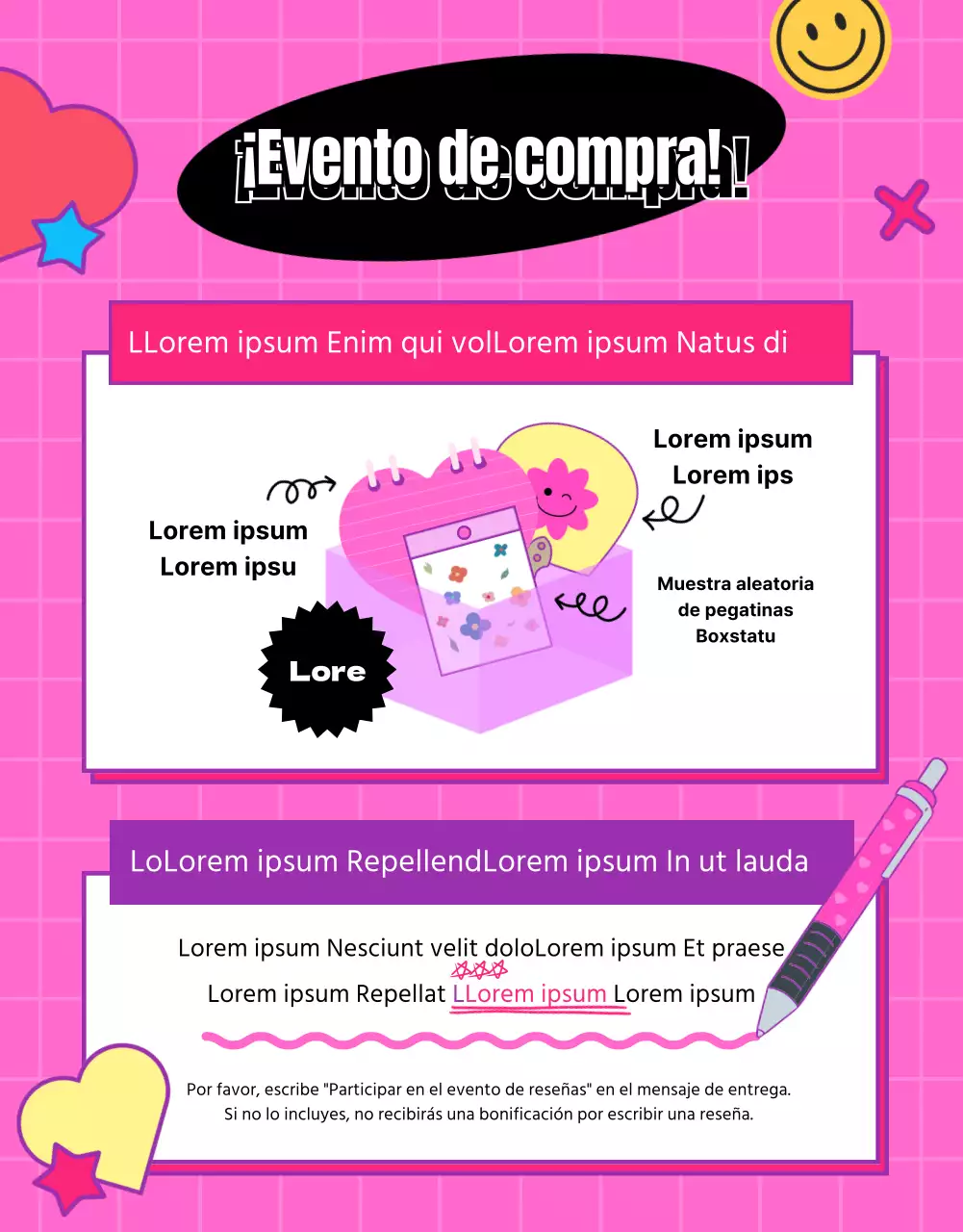 Random Box Event escrito en una pizarra rosa