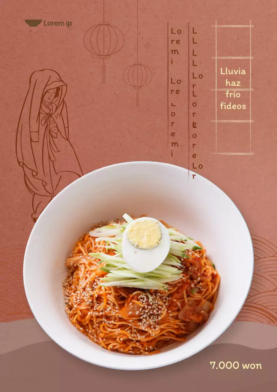 Menú de verano con fondo rosa índigo intenso e ilustraciones orientales