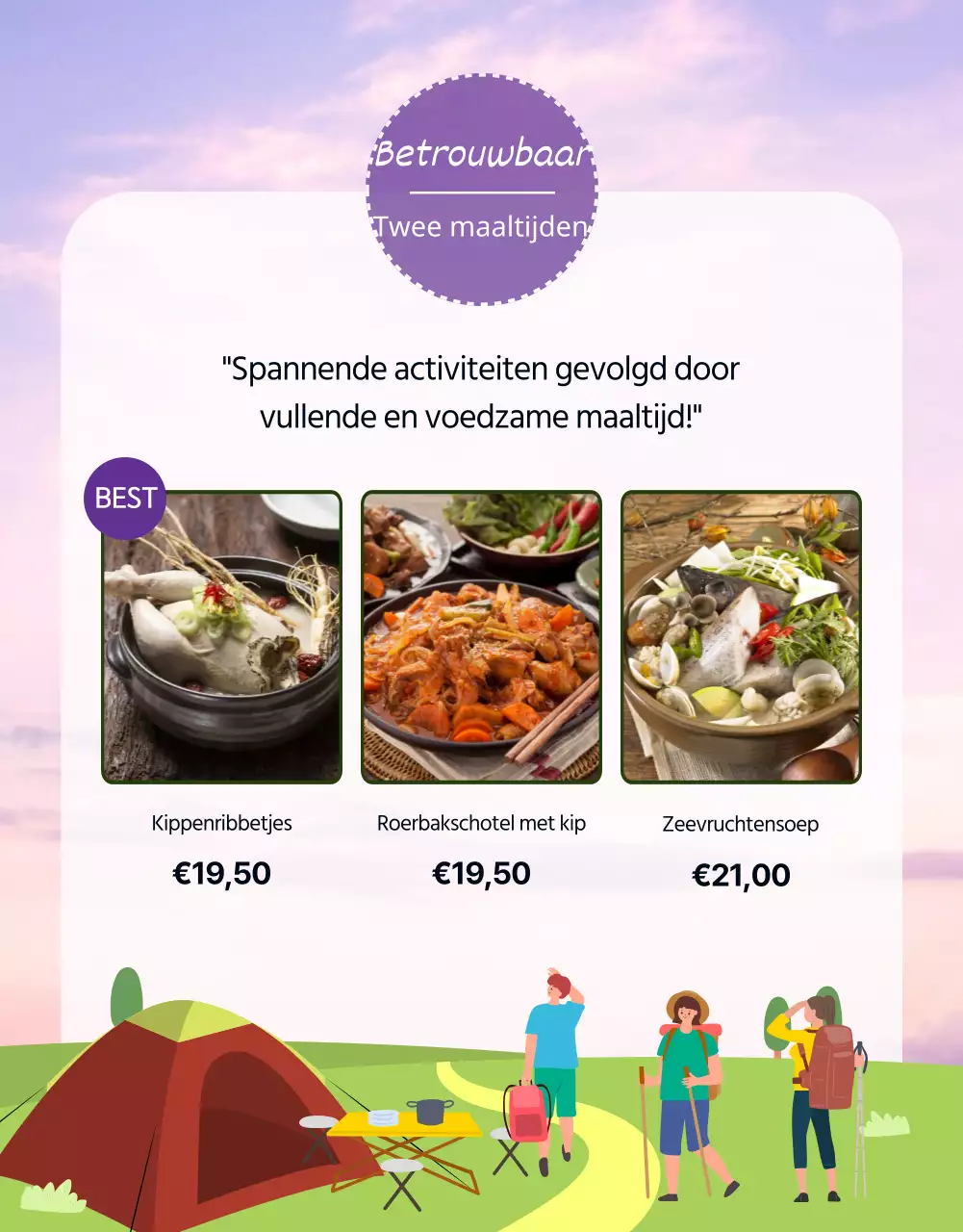 Een camping voedseltentoonstelling met de nadruk op groene fotografie en illustratie