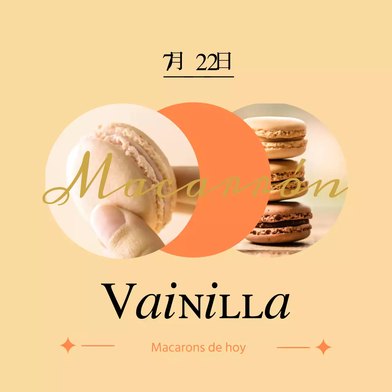 La selección de hoy de macarons con toques de naranja sobre un suave fondo de vainilla
