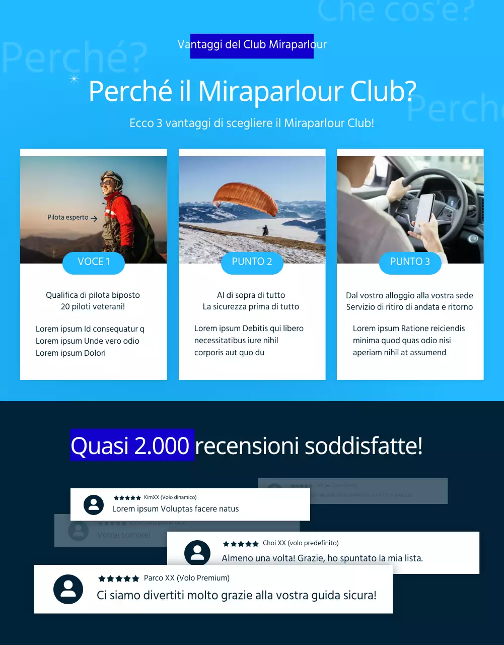 Pagina di dettaglio del parapendio semplice, verde e blu