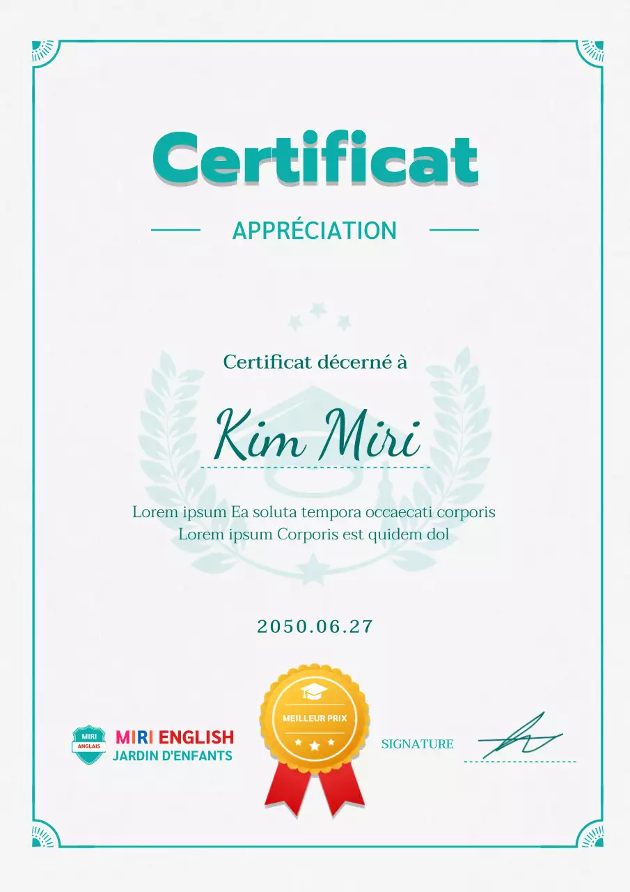 Certificat d'école maternelle en anglais simple à la menthe