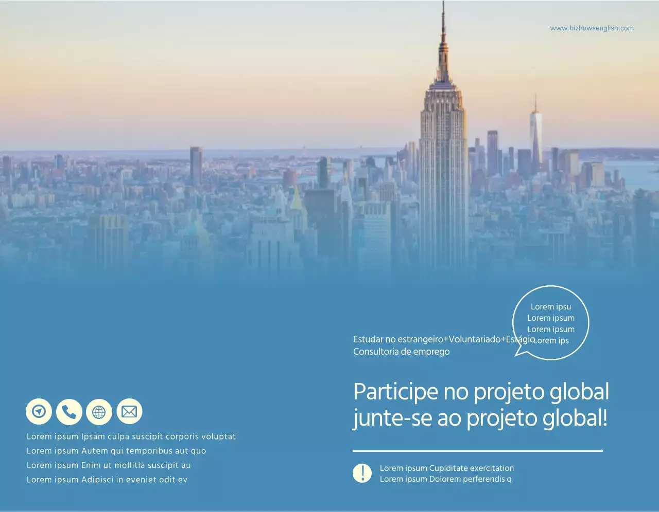 Promoção de uma escola de línguas com fotografias azuis e amarelas de paisagens estrangeiras