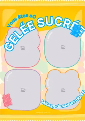 Un cadre photo en quatre couleurs avec un joli concept d'emballage en gelée en jaune et bleu clair.