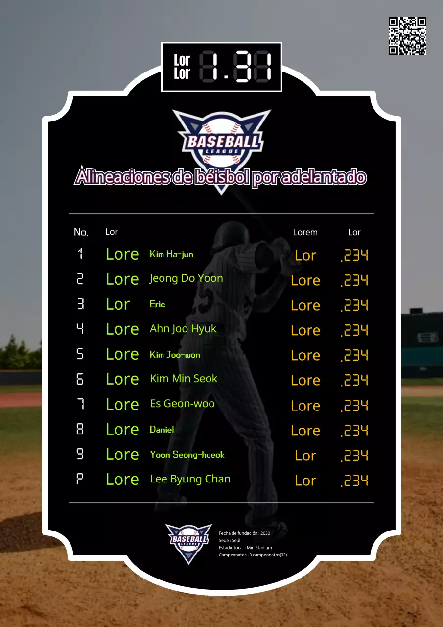 Alineación inicial de béisbol con un concepto de cartel verde y amarillo