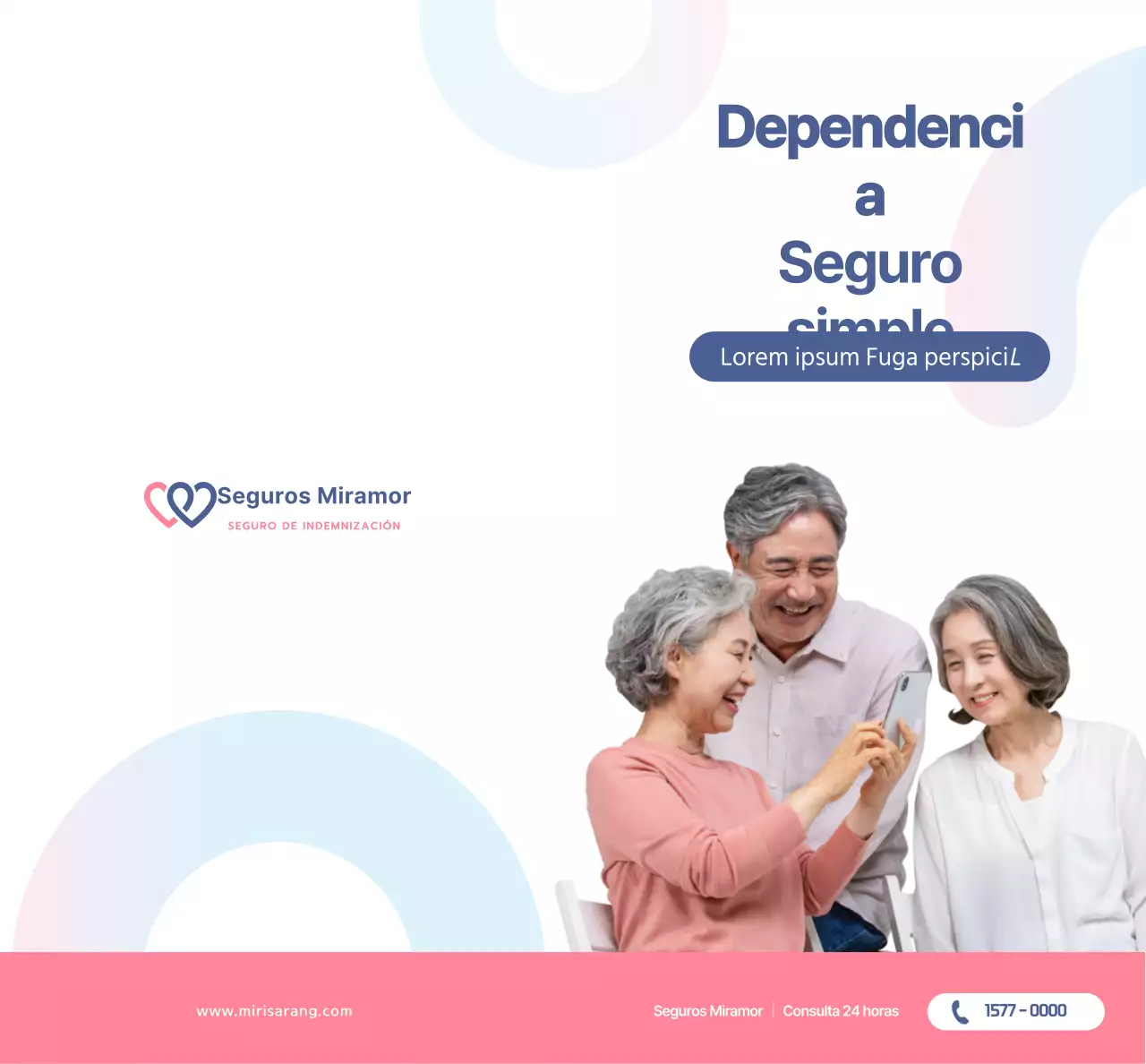 Texto e imágenes sencillas en rosa coral para promocionar Mirisarang Insurance.