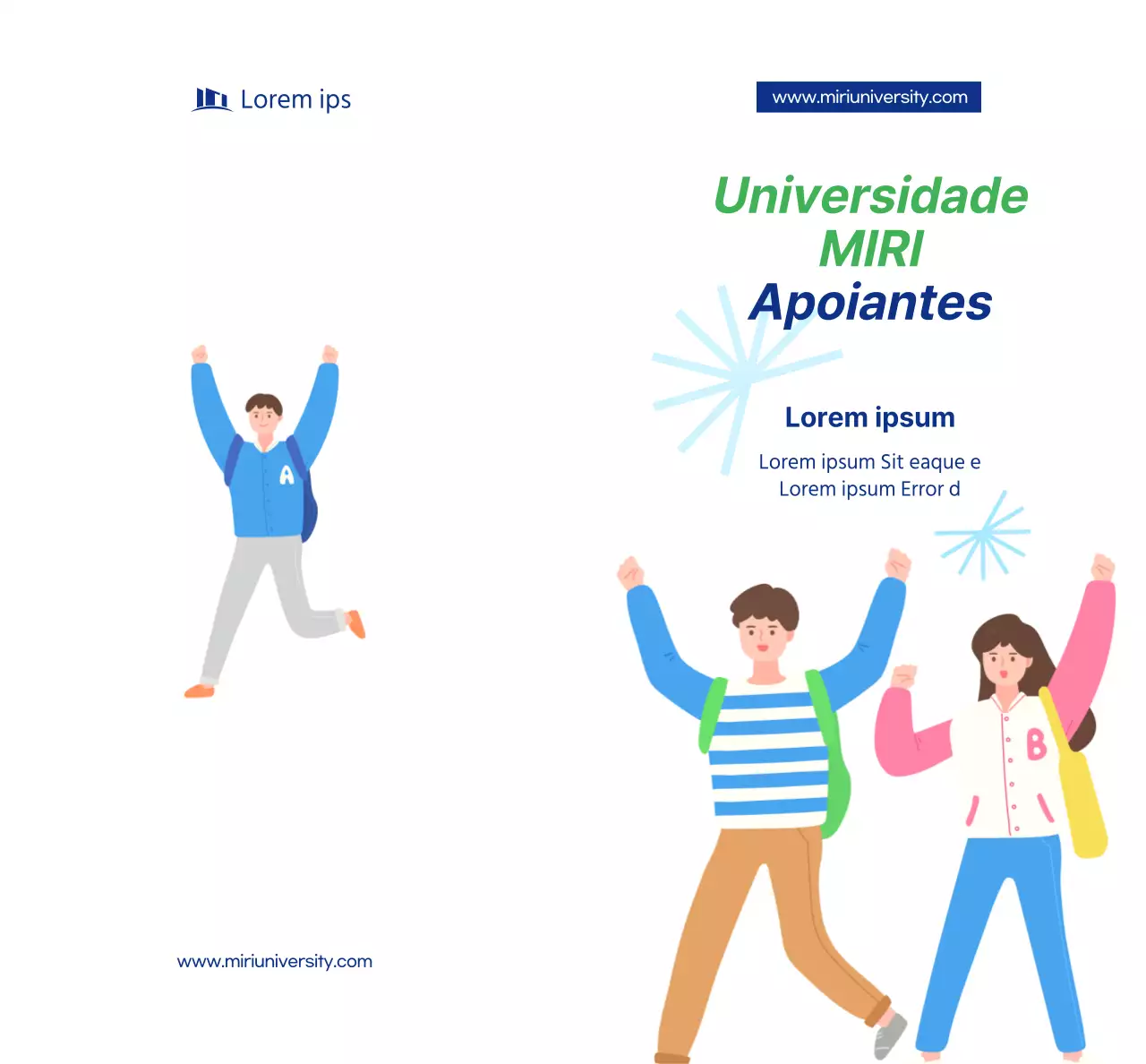 Uma promoção simples de apoiantes da universidade com texto e ilustrações a azul-marinho.