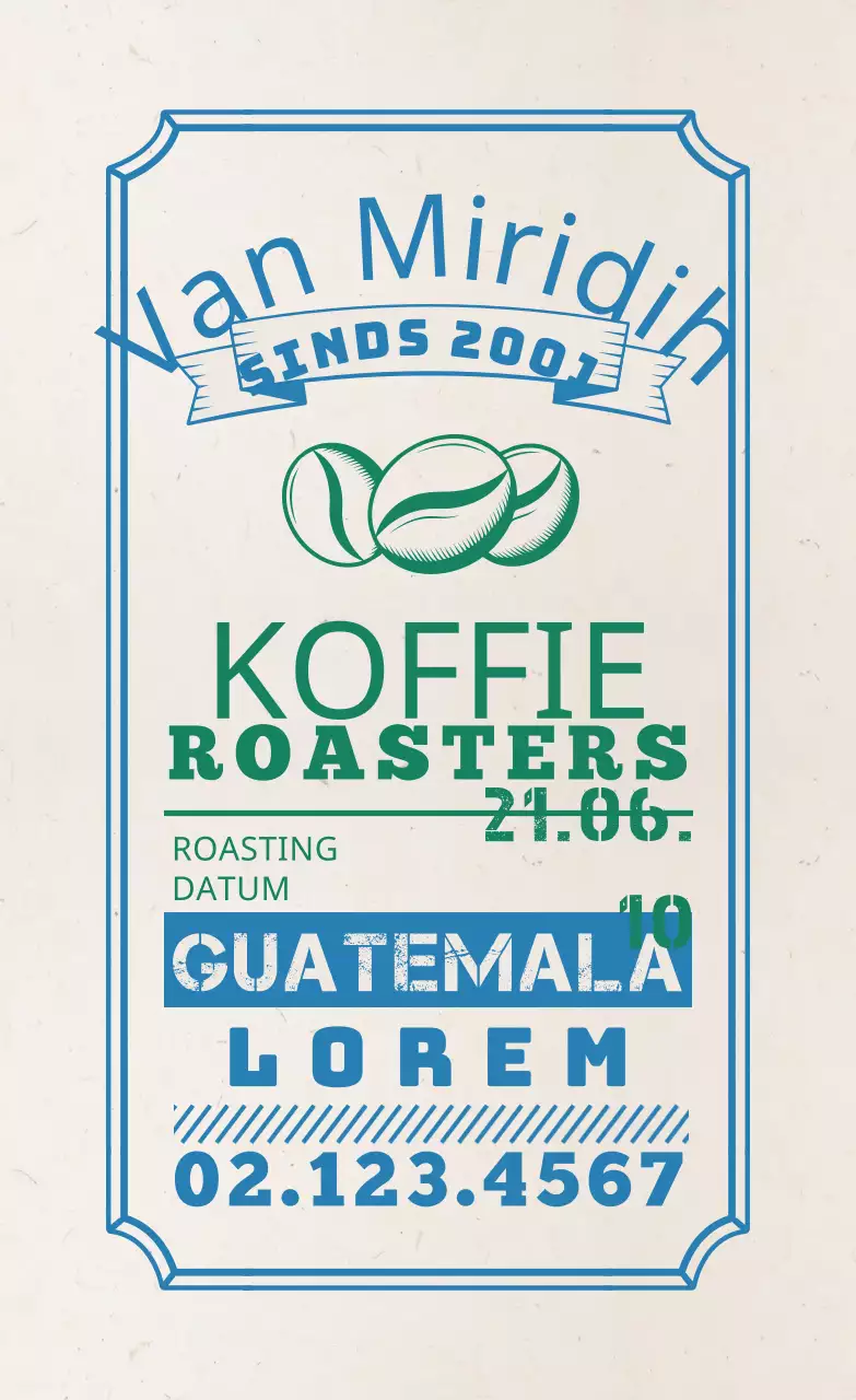 Koffiebonenetiketten met een blauw typografisch ontwerp