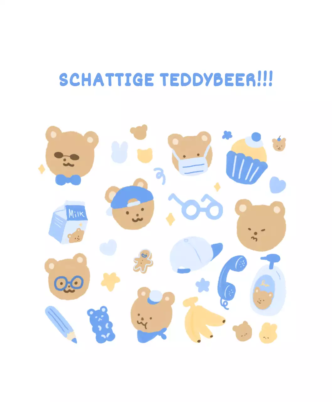 blauw, wit, schattig, teddy, beer, illustratie, persoonlijk, merchandise, melk, koekje, ster, hart, banaan, gelei, cupcake, hoed, muismat, schattig