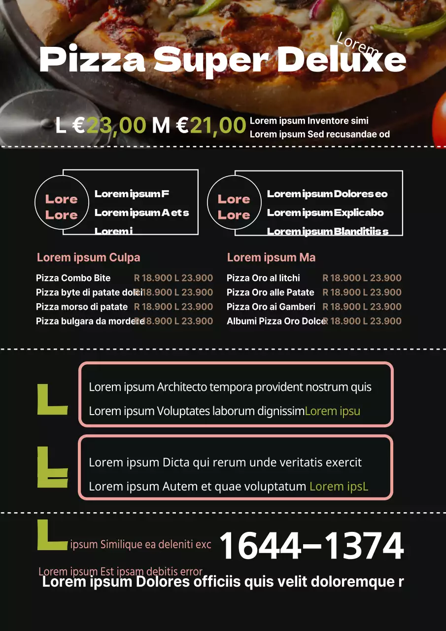 Tavolo del menu con immagine di pizza nera