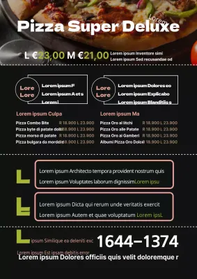 Tavolo del menu con immagine di pizza nera