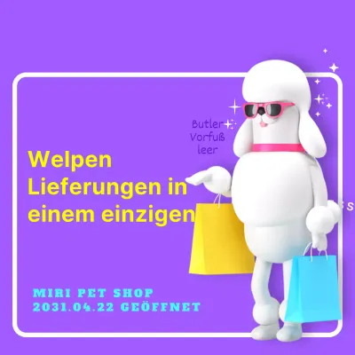 Werbung für die Eröffnung einer Website für Hundezubehör mit gelbem Text auf violettem Hintergrund