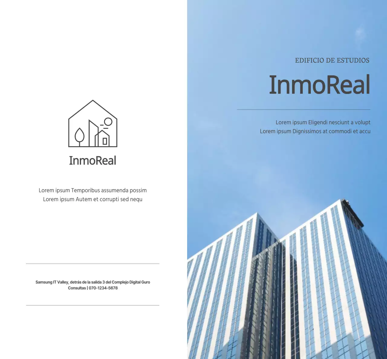 Un biz sencillo con texto e imágenes en gris oscuro para promocionar el sector inmobiliario.