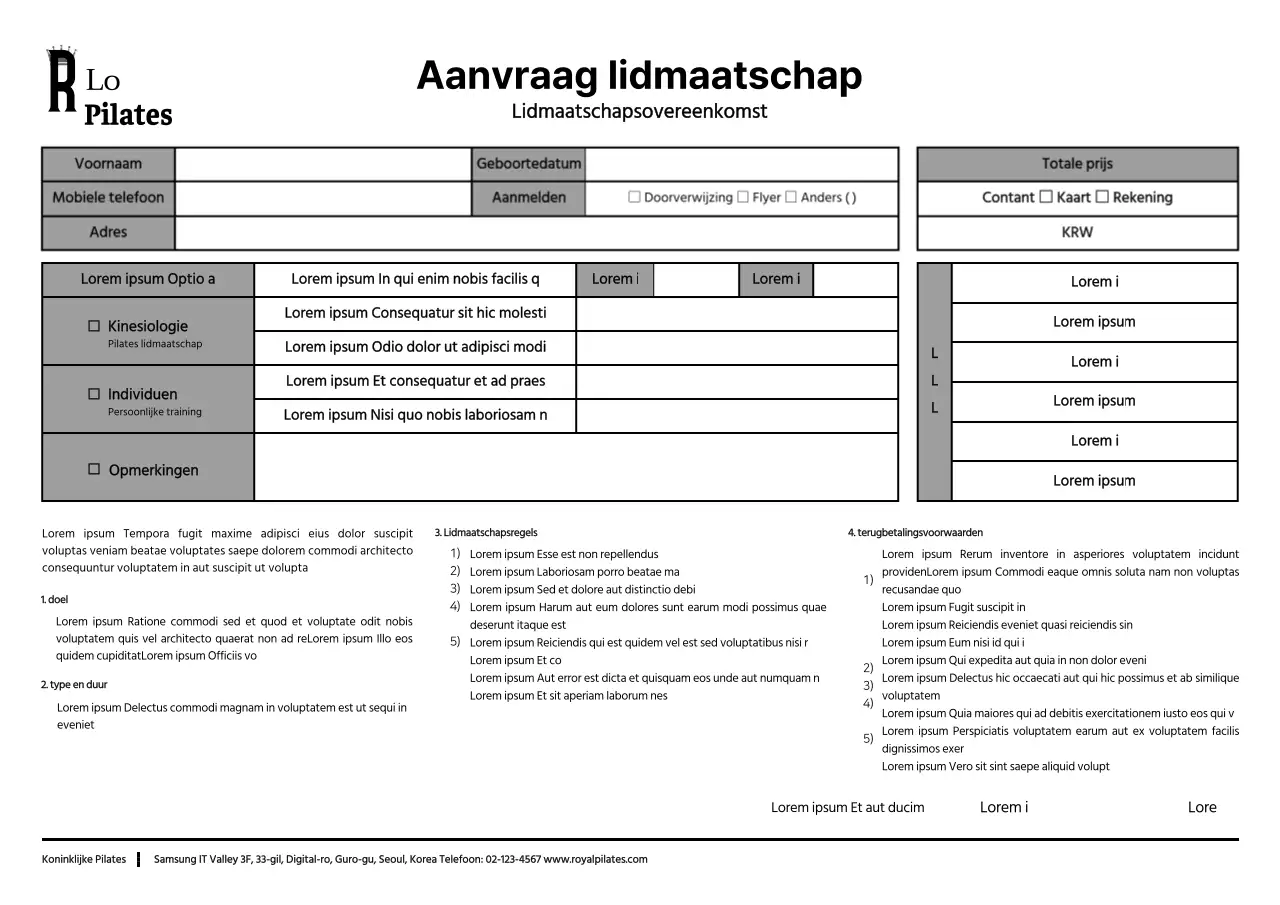 Pilates-lidmaatschapsformulier eenvoudige stijl