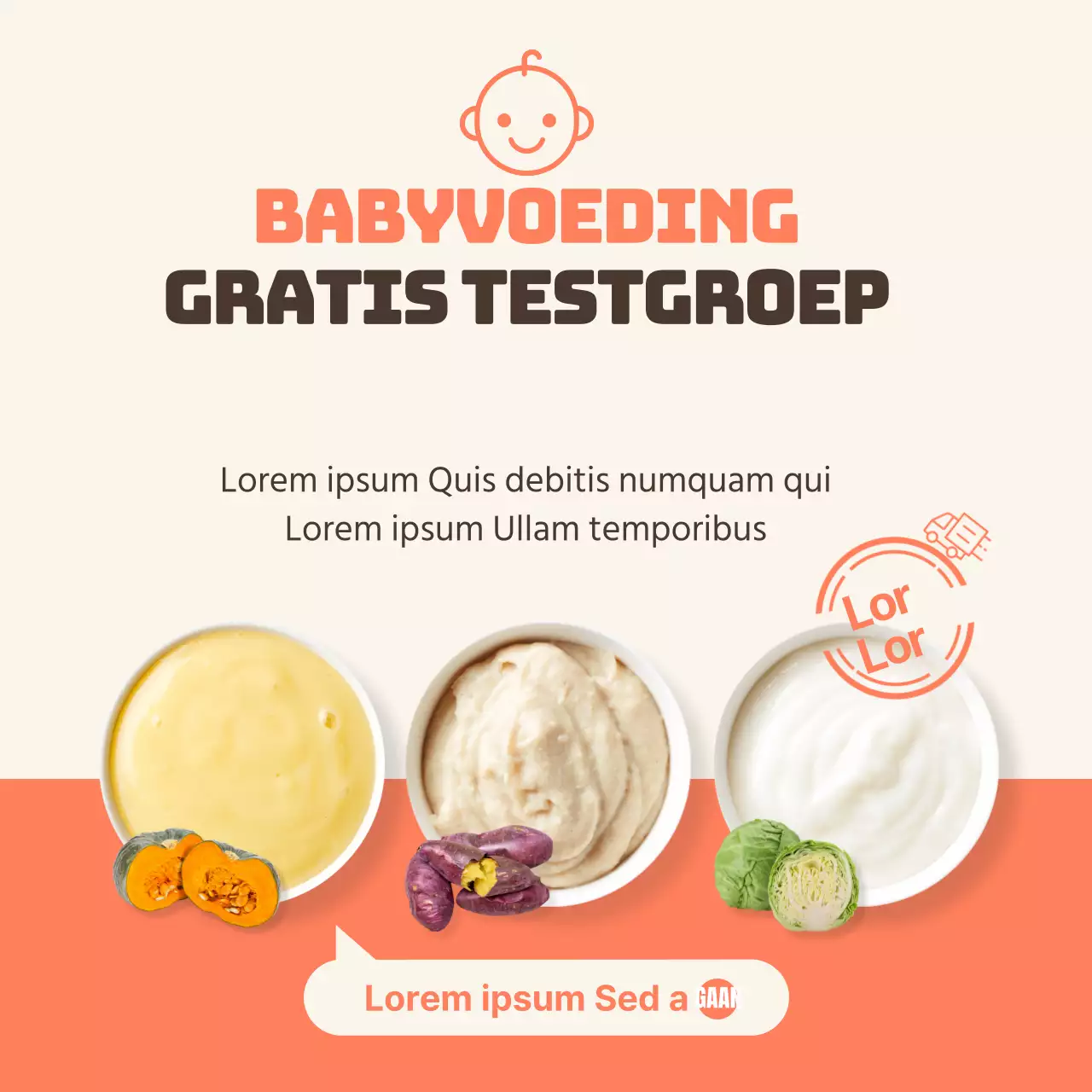 Gratis proefevenementen met foto's van babyvoeding in oranje kleuren