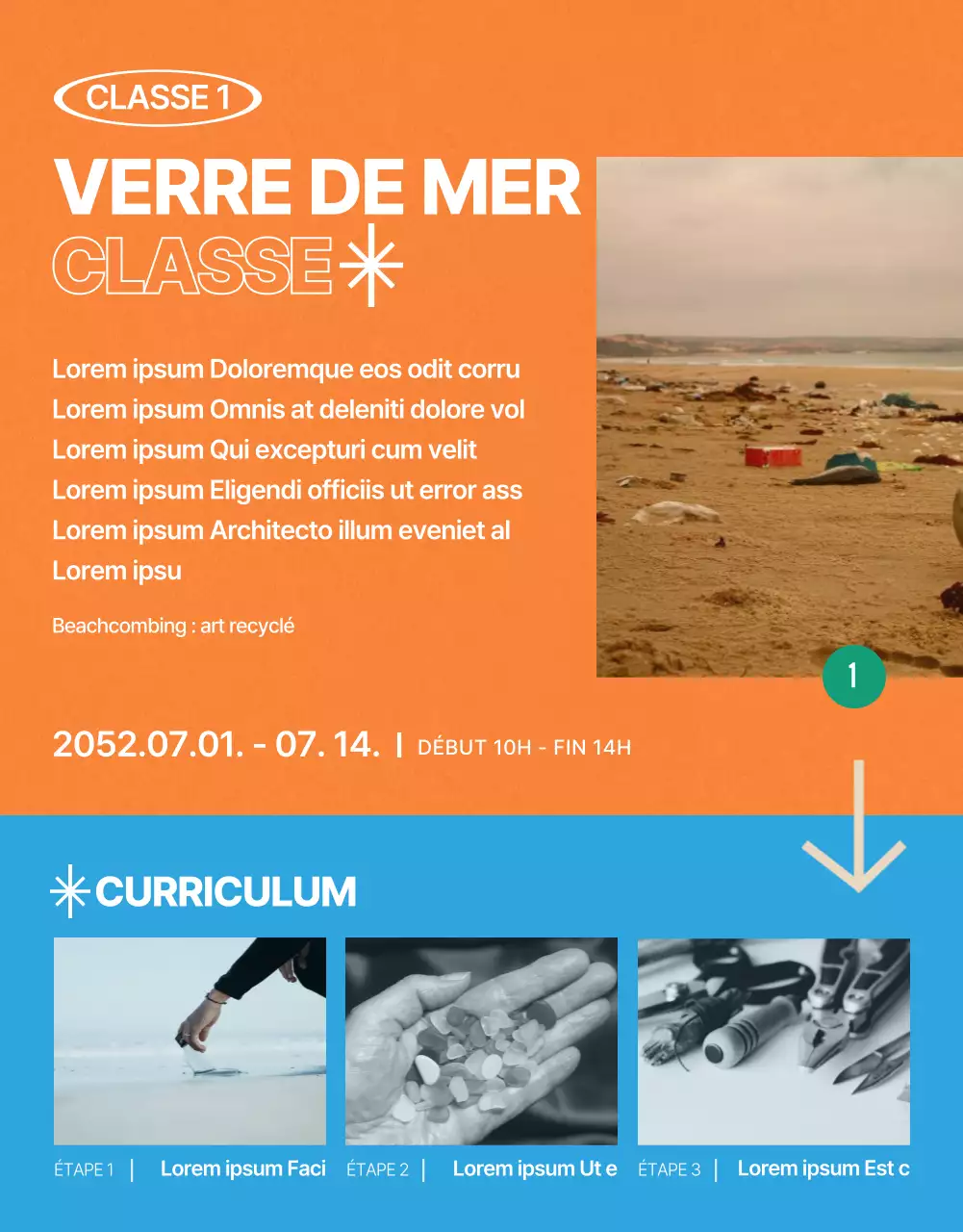 Guide des ateliers de beachcombing vintage en vert, orange et bleu