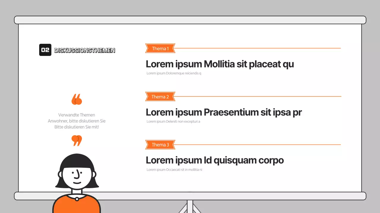 Diskussionspräsentation mit orangefarbener Illustration