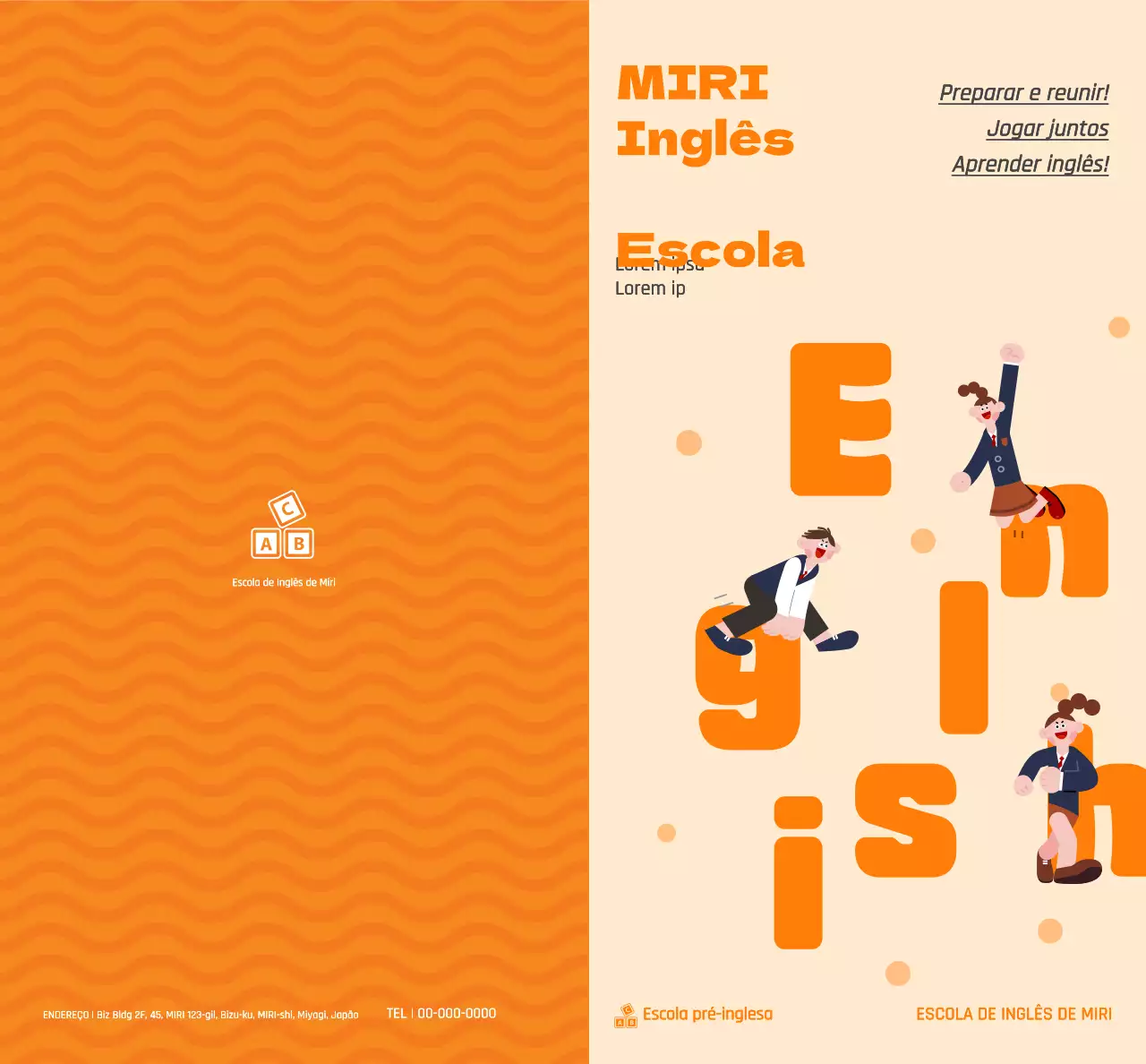 Promover uma escola de inglês com uma ilustração de alunos com uniformes cor de laranja.