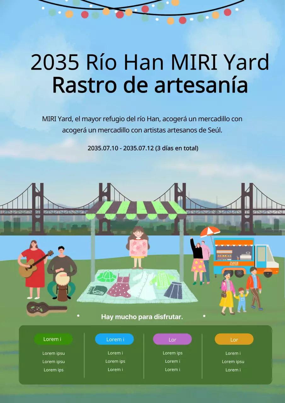 Guía del mercadillo de artesanía del río Han con fondo azul claro chartreuse e ilustraciones
