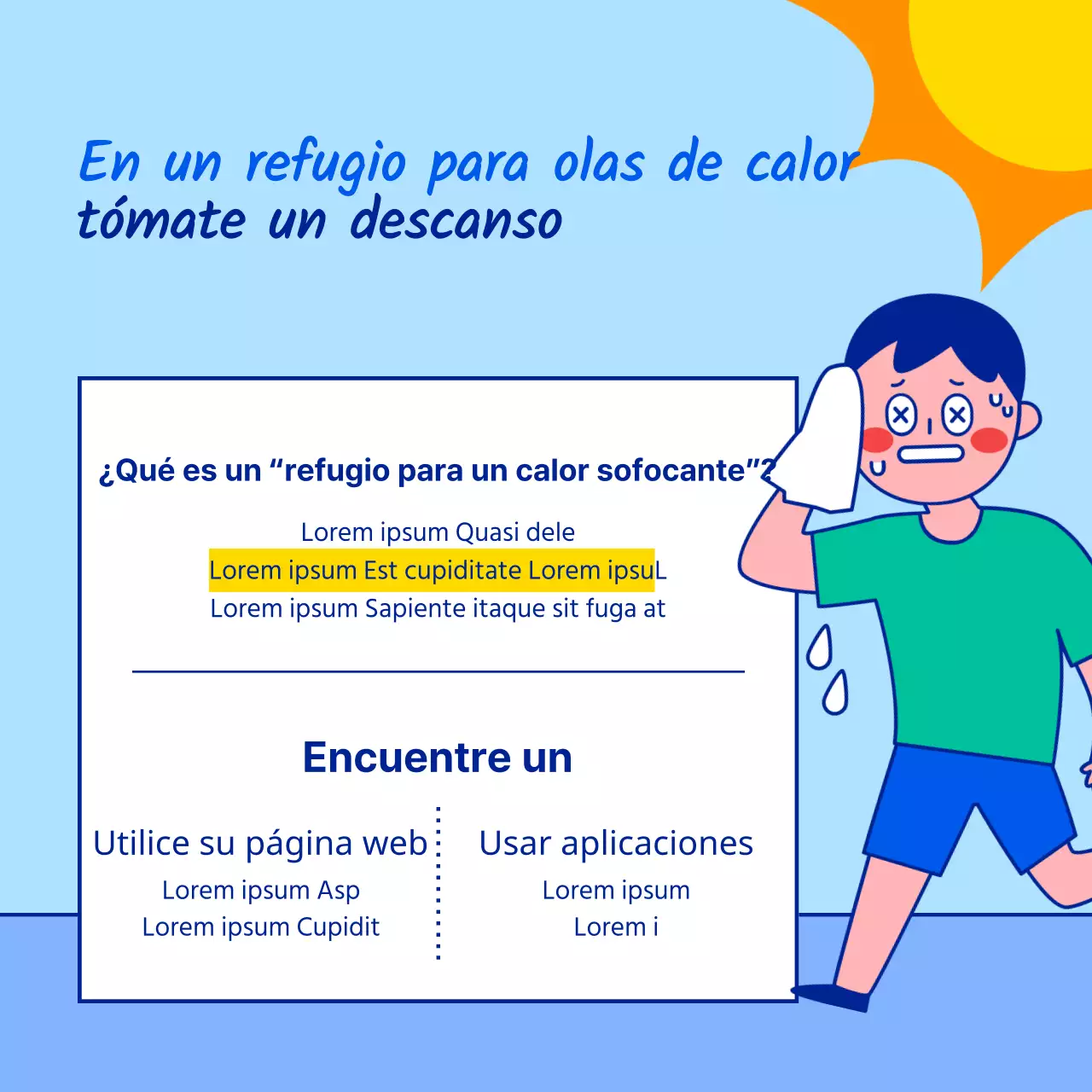 Divulgación del horario de refugio para la ola de calor veraniega con simpáticas y sencillas ilustraciones de personajes en azul claro y azul.