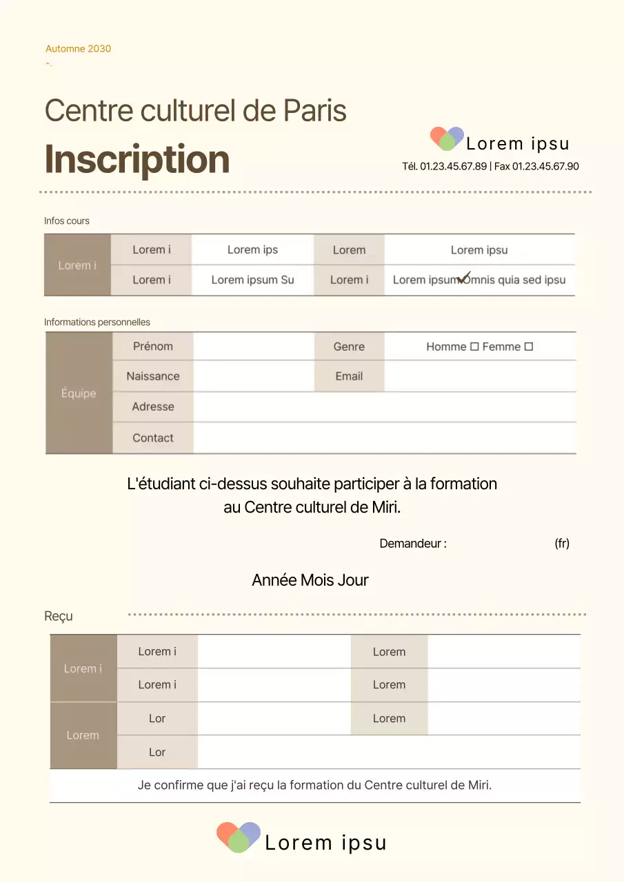 Lettre et formulaires de demande du centre culturel de Braunton