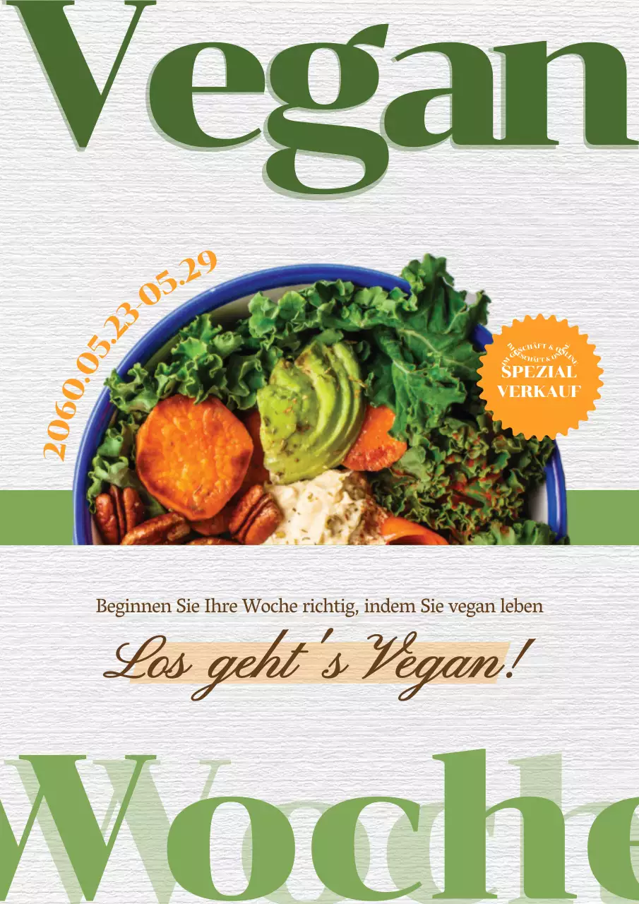 Verkaufsförderung für frische vegane Salate mit Papierstruktur und Grünzeug