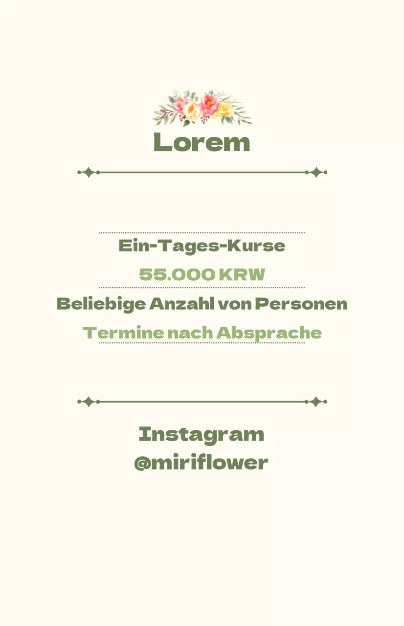 Werbung für einen eintägigen Kurs mit grünem und elfenbeinfarbenem Text und floralen Illustrationen