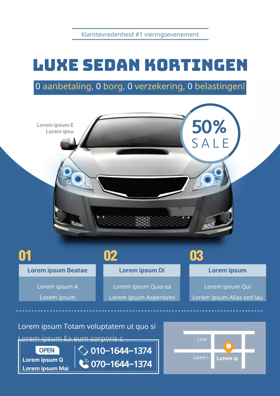 Moderne, blauwe autoverhuur flyer ter promotie van een gratis evenement