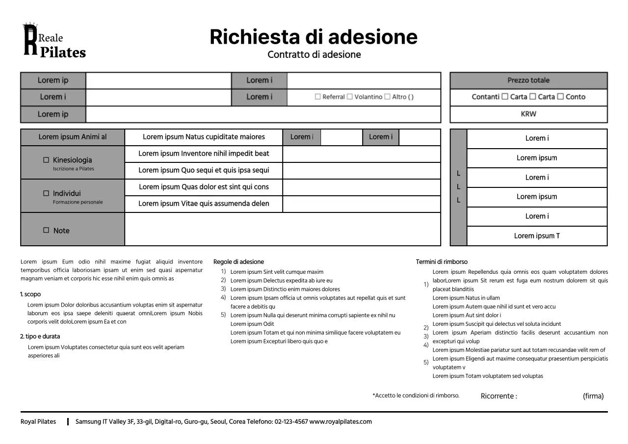 Modulo di iscrizione al Pilates in stile semplice