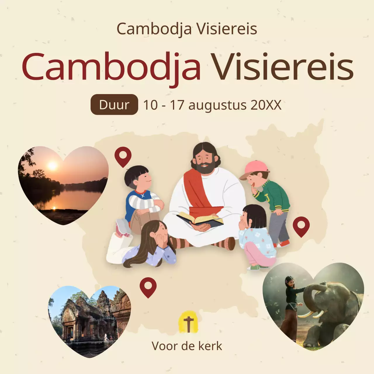 Een warme en gastvrije missiereis met illustraties van Jezus en kinderen op een beige achtergrond