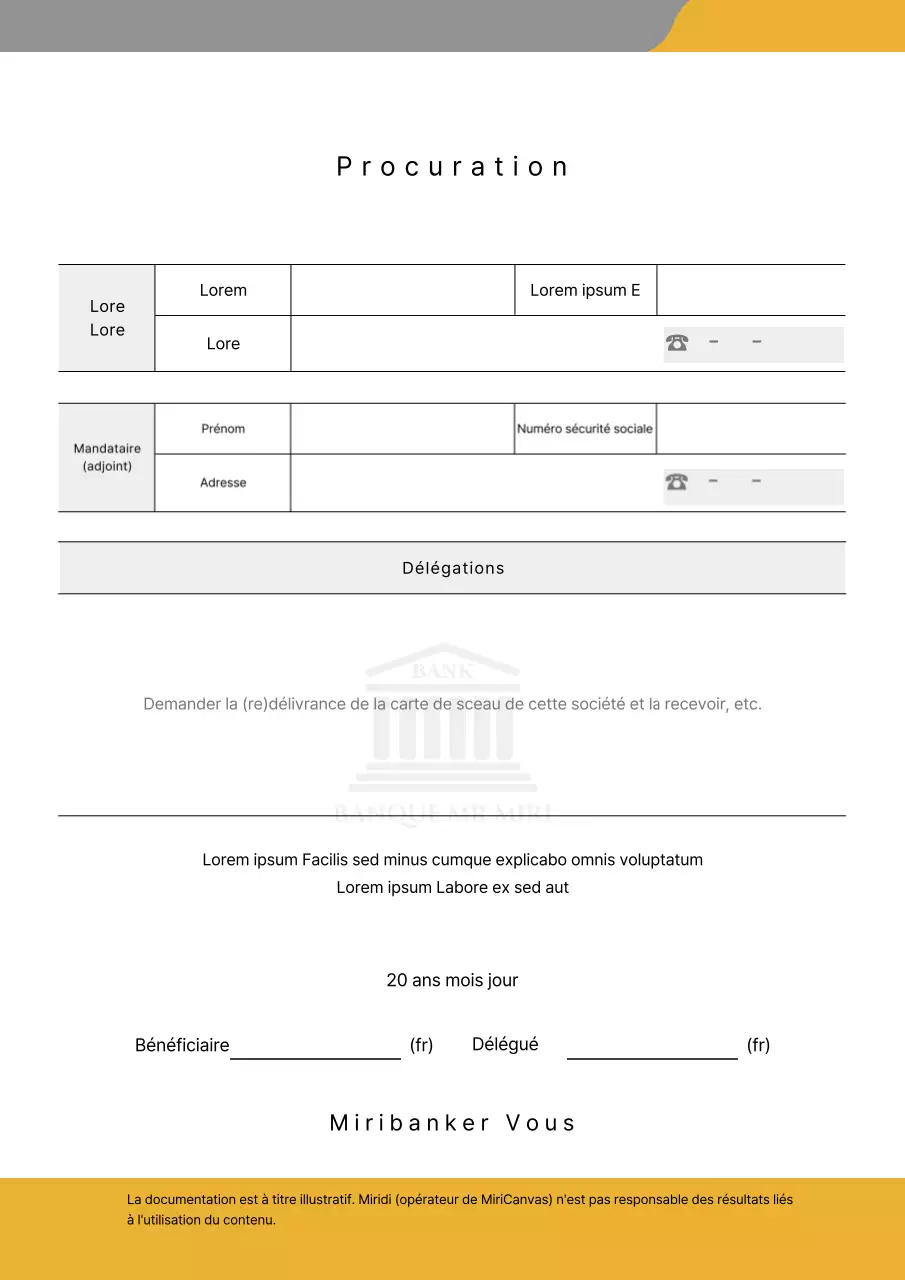 Formulaire de procuration bancaire en points jaunes